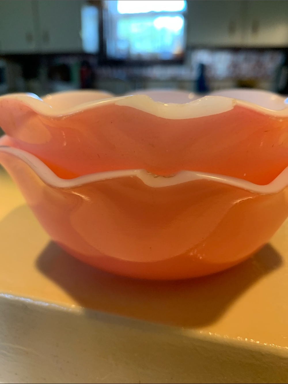 Hazel Atlas Pink Scallop  Crinoline Bowl chipped